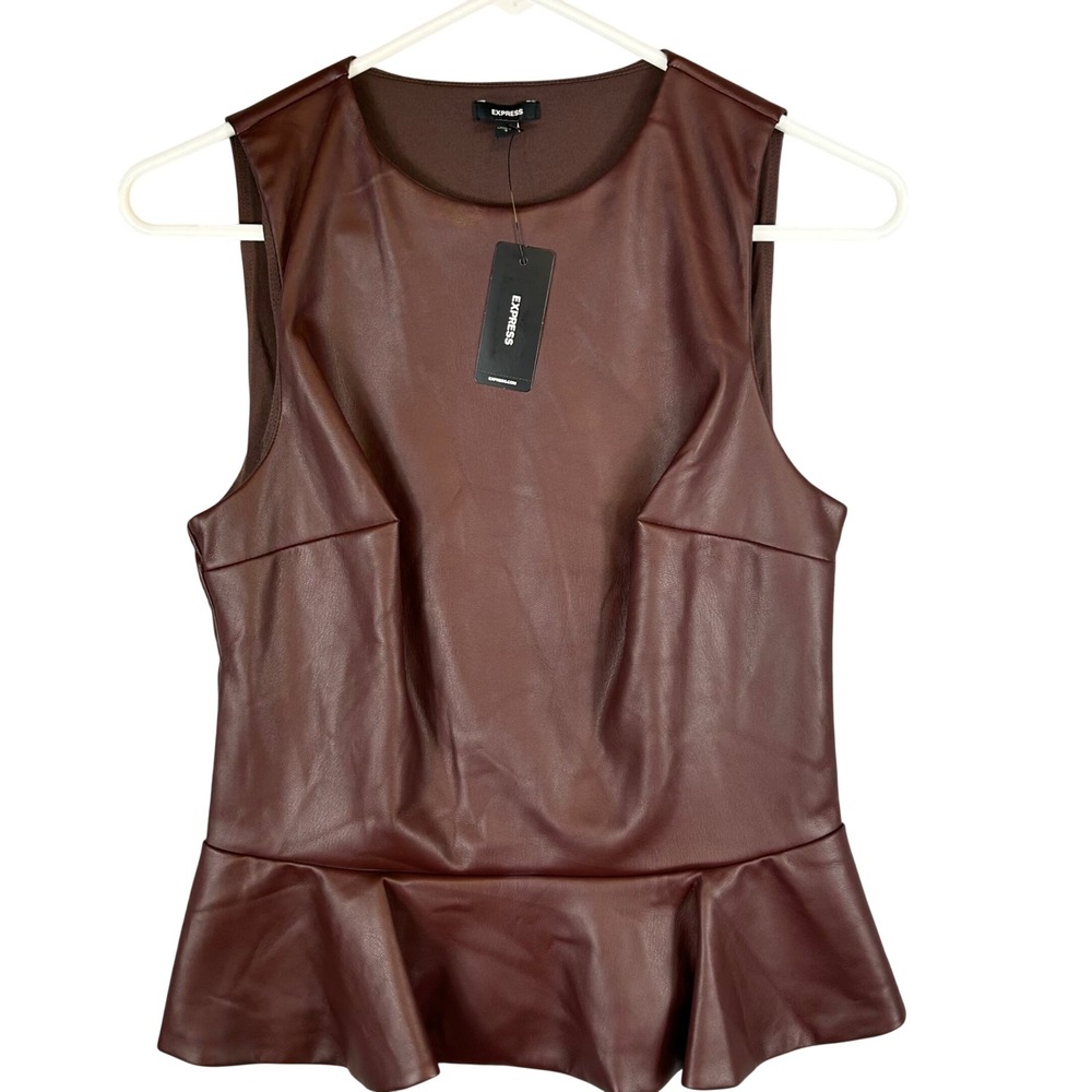 Express Womens Brown Faux Leather Peplum Sleeveless Top Size S NWT 06410861‎